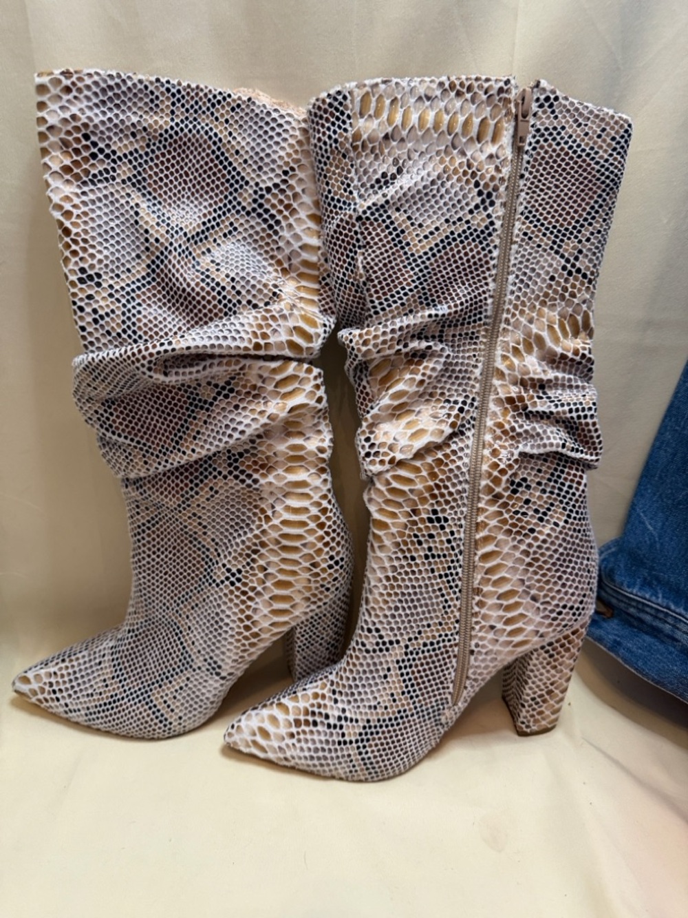 Women’s Snake-Print Beige Mid-Calf Heeled Boots